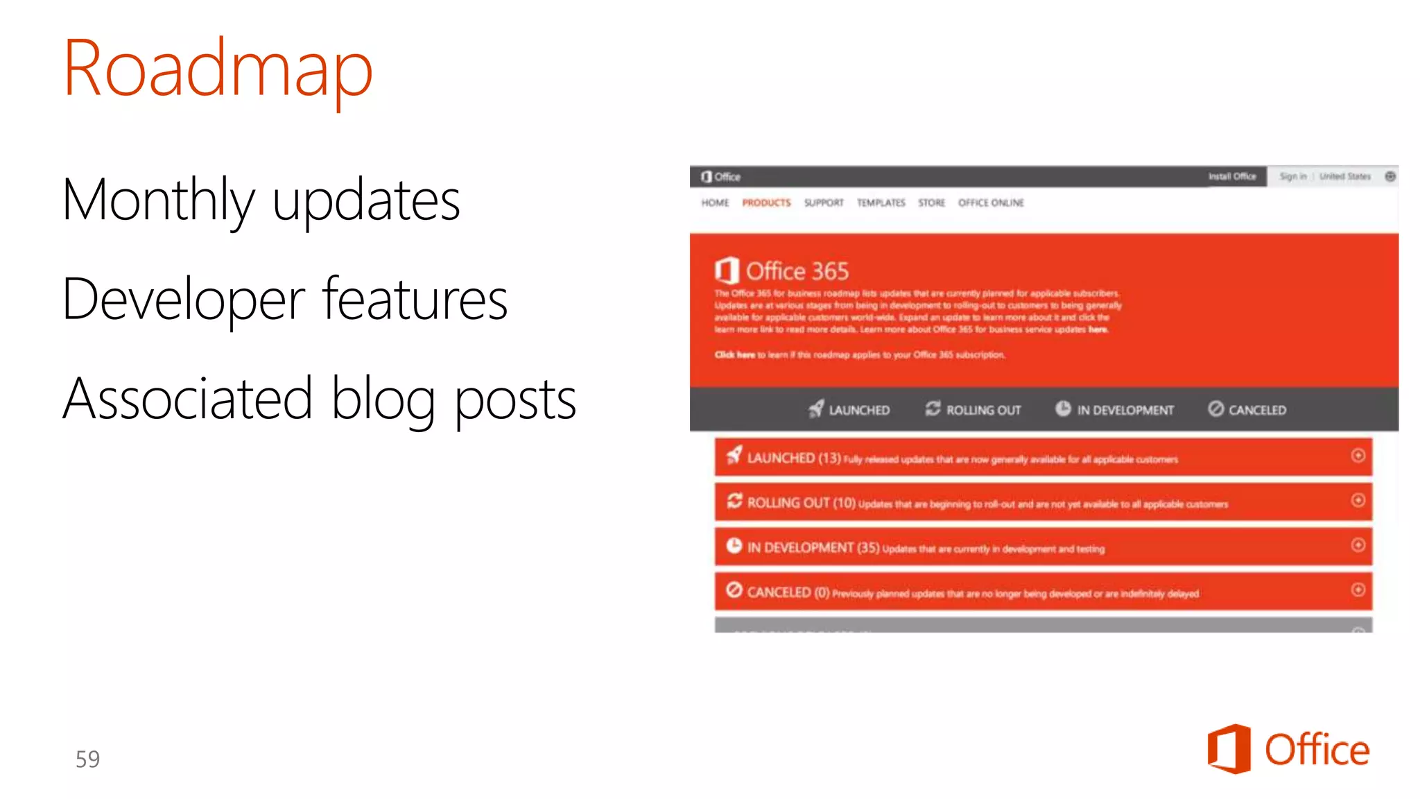 Monthly updates 
Developer features 
Associated blog posts 
 