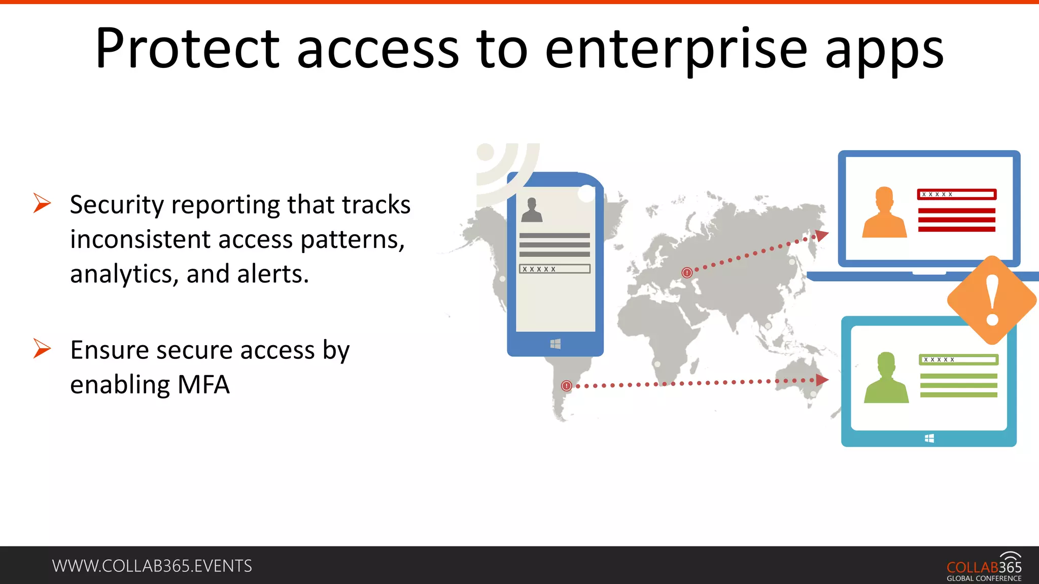 WWW.COLLAB365.EVENTS
Protect access to enterprise apps
 Security reporting that tracks
inconsistent access patterns,
analytics, and alerts.
 Ensure secure access by
enabling MFA
 