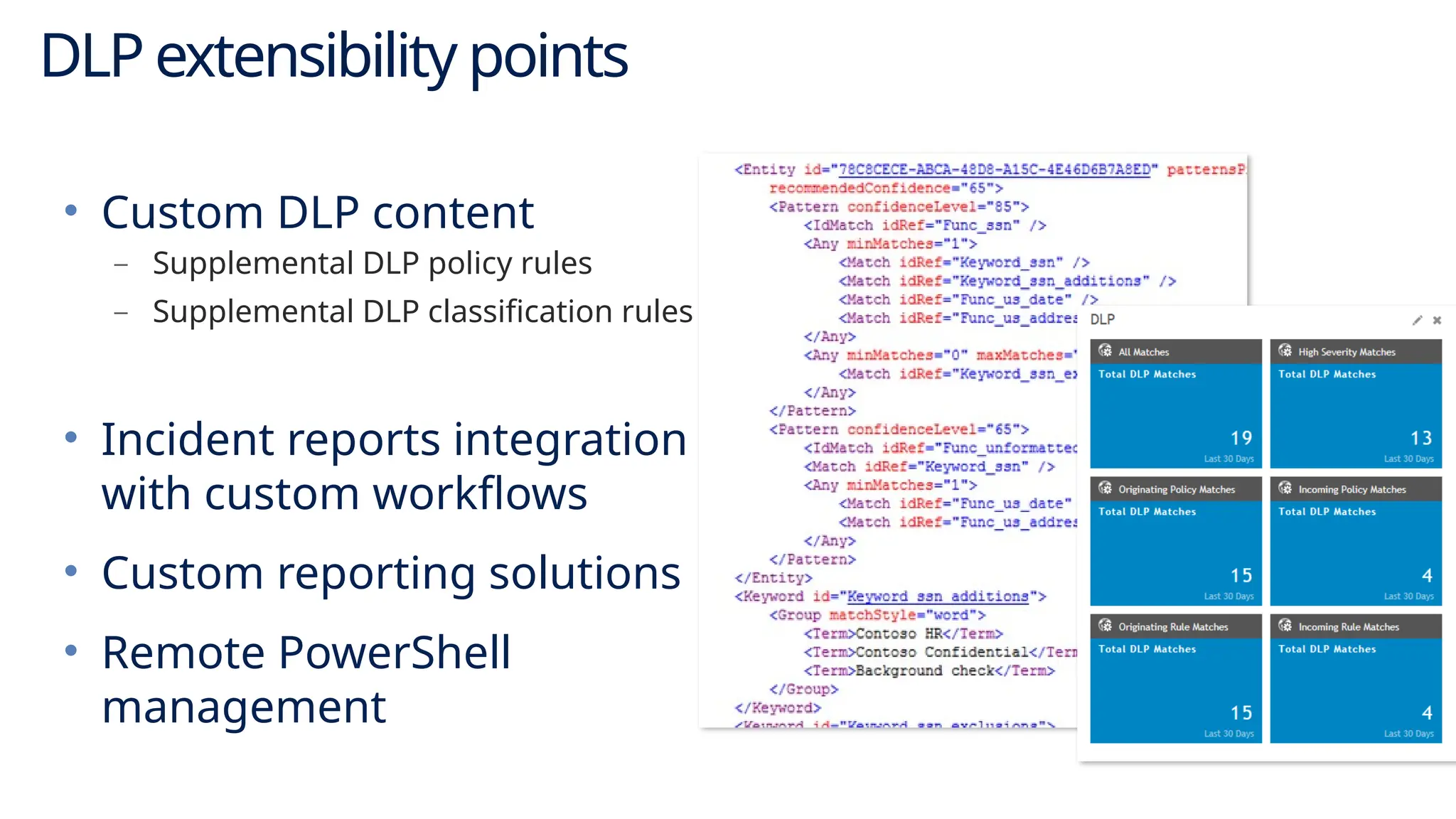 DLP extensibility points
• Custom DLP content
– Supplemental DLP policy rules
– Supplemental DLP classification rules
• Incident reports integration
with custom workflows
• Custom reporting solutions
• Remote PowerShell
management
 