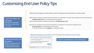 Customizing End User Policy Tips
Customize Policy Tip
messages
Messages for notification,
block and override can be
customized
Custom classification rule names are
displayed here.
Customize link for user
education
Specify an internal URL with
company policies around
handling sensitive content
 