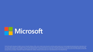 ©2013 Microsoft Corporation. All rights reserved. Microsoft, Windows, Office, Azure, System Center, Dynamics and other product names are or may be registered trademarks and/or trademarks in the
U.S. and/or other countries. The information herein is for informational purposes only and represents the current view of Microsoft Corporation as of the date of this presentation. Because Microsoft
must respond to changing market conditions, it should not be interpreted to be a commitment on the part of Microsoft, and Microsoft cannot guarantee the accuracy of any information provided after
the date of this presentation. MICROSOFT MAKES NO WARRANTIES, EXPRESS, IMPLIED OR STATUTORY, AS TO THE INFORMATION IN THIS PRESENTATION.
 