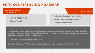 PSTN CONFERENCING ROADMAP
12
La facturation permet de facturer les utilisateurs en fonction des minutes utilisées au niveau du tenant,
et permet l’utilisation de fonctionnalités avec le PSTN Conferencing comme les numéros verts pour les
appels entrants et le Dial-out* International
La facturation sera disponible en H1 CY2016.
Une grille tarifaire du PSTN Conferencing est disponible pour vous aider à estimer les coûts.
Numéro d’appel local*
Dial-out** local
Facturation des appels hors forfaits
Numéro vert pour appels entrants
Dial-out** International
Lanceme n t au 1er
Décembre
H1 CY2016
* Valider les pays de couverture de l’offre rappel par le pont de conférence sur votre numéro de téléphone
 