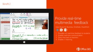Provide real-time
multimedia feedback
1. Provides rich real-time feedback to students.
2. Enables real-time communication.
3. Gives time back to teachers.
4. Enables 1:1 learning.
Uses Skype for Business, OneNote, SharePoint
Benefit 2
 