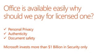 Office is available easily why
should we pay for licensed one?
 Personal Privacy
 Authenticity
 Document safety
Microsoft invests more than $1 Billion in Security only
 