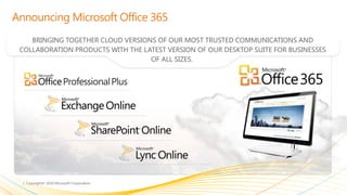 Announcing Microsoft Office 365BRINGING TOGETHER CLOUD VERSIONS OF OUR MOST TRUSTED COMMUNICATIONS AND COLLABORATION PRODUCTS WITH THE LATEST VERSION OF OUR DESKTOP SUITE FOR BUSINESSES OF ALL SIZES. 