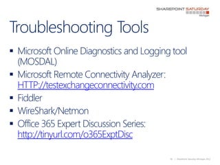 Troubleshooting Tools
 Microsoft Online Diagnostics and Logging tool
  (MOSDAL)
 Microsoft Remote Connectivity Analyzer:...