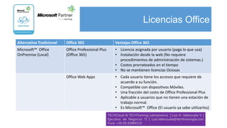 Licencias Office

Alternativa Tradicional   Office 365                     Ventajas Office 365
Microsoft™ Office         Office Professional Plus       • Licencia asignada por usuario (paga lo que usa)
OnPremise (Local)         (Office 365)                   • Instalación desde la web (No requiere
                                                           procedimientos de administración de sistemas.)
                                                         • Costos prorrateados en el tiempo
                                                         • No se mantienen licencias Ociosas
                          Office Web Apps                • Cada usuario tiene los accesos que requiere de
                                                           acuerdo a su función.
                                                         • Compatible con dispositivos Móviles.
                                                         • Una fracción del costo de Office Professional Plus
                                                         • Aplicable a usuarios que no tienen una estación de
                                                           trabajo normal.
                                                         • Es Microsoft™ Office (El usuario ya sabe utilizarlos)
                                                     TECHCloud & TECHTraining Latinamerica | Luis H. Valenzuela V. |
                                                     Ejecutivo de Negocios TI | Luis.Valenzuela@techtrainingla.com
                                                     Fono +56 (9) 65889110
 