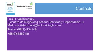 Contacto

Luis H. Valenzuela V.
Ejecutivo de Negocios | Asesor Servicios y Capacitación TI
Mail Luis.Valenzuela@techtrainingla.com
Fonos +56(2)4834149
+56(9)65889110
 