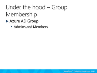  Azure AD Group
 Admins and Members
Under the hood – Group
Membership
 