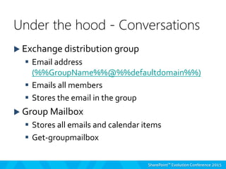  Exchange distribution group
 Email address
(%%GroupName%%@%%defaultdomain%%)
 Emails all members
 Stores the email in the group
 Group Mailbox
 Stores all emails and calendar items
 Get-groupmailbox
Under the hood - Conversations
 