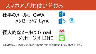 スマホアプリも使い分ける
仕事のメールは OWA
メッセージは Lync
個人的なメールは Gmail
メッセージは LINE
※Lyncは2015年に名称が Skype for Business に変わる予定です。
 