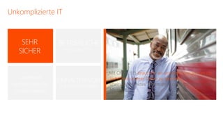 Unkomplizierte IT



     SEHR           BETRIEBLICHE
    SICHER             KONTINUITÄT




                                            „Mit Office 365 brauchen wir uns keine Sorgen um die
    Sicherheit:                              Sicherheit unserer Daten zu machen. Wir haben
                    EINHALTEN VON
 Fernlöschung für   GESETZLICHEN VORGABEN    uneingeschränktes Vertrauen in die Technologie von
  mobile Geräte                              Microsoft.“
                                                                          – Dick van Weering, IT-Manager, GITP
 