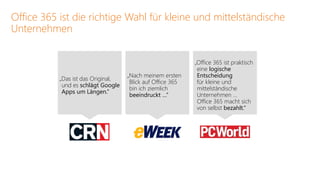 Office 365 ist die richtige Wahl für kleine und mittelständische
Unternehmen


                                                            „Office 365 ist praktisch
                                                             eine logische
                                    „Nach meinem ersten      Entscheidung
           „Das ist das Original,
                                     Blick auf Office 365    für kleine und
            und es schlägt Google
                                     bin ich ziemlich        mittelständische
            Apps um Längen.“
                                     beeindruckt …“          Unternehmen …
                                                             Office 365 macht sich
                                                             von selbst bezahlt.“
 