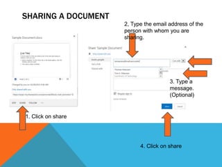 SHARING A DOCUMENT
1. Click on share
2, Type the email address of the
person with whom you are
sharing.
4. Click on share
3. Type a
message.
(Optional)
 