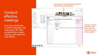 Host and participate
in online meetings with
multi-party HD video
conferencing, screen
sharing, and real-time
note taking
 