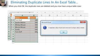 Eliminating Duplicate Lines In An Excel Table…
When you click OK, the duplicate rows are deleted and you now have unique t...