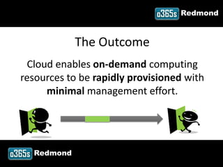 Redmond



                       The Outcome
     Cloud enables on-demand computing
    resources to be rapidly provisioned with
         minimal management effort.




         Redmond
#o365redmond @RHarbridge
 