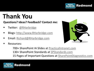 Redmond


Thank You
Questions? Ideas? Feedback? Contact me:
   Twitter: @RHarbridge
   Blogs: http://www.RHarbridge.com
   Email: Richard@RHarbridge.com
   Resources:
       700+ SharePoint IA Slides at PracticalIntranet.com
       130+ SharePoint Standards at SPStandards.com
       15 Pages of Important Questions at SharePointDiagnostics.com

         Redmond
#o365redmond @RHarbridge
 