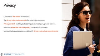 Privacy
Customer is the owner of their data.
We do not mine customer data for advertising purposes.
Privacy controls enable you to configure your company privacy policies.
Microsoft advocates for data privacy on behalf of customers.
Microsoft safeguards customer data with strong contractual commitments.
 