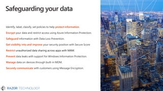 Safeguarding your data
Identify, label, classify, set policies to help protect information.
Encrypt your data and restrict access using Azure Information Protection.
Safeguard information with Data Loss Prevention.
Get visibility into and improve your security position with Secure Score
Restrict unauthorized data sharing across apps with MAM.
Prevent data leaks with support for Windows Information Protection.
Manage data on devices through built-in MDM.
Securely communicate with customers using Message Encryption.
 