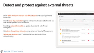 Detect and protect against external threats
Block 100% of known malware and 99% of spam with Exchange Online
Protection.
Provide zero-day protection against unknown malware in attachments and
links with Advanced Threat Protection.
Providing actionable insights to global attack trends with Threat
Intelligence.
Get alerts of suspicious behavior using Advanced Security Management.
Secure user accounts with Conditional Access and multi-factor
authentication.
 