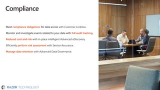 Compliance
Meet compliance obligations for data access with Customer Lockbox.
Monitor and investigate events related to your data with full audit tracking.
Reduced cost and risk with in-place intelligent Advanced eDiscovery.
Efficiently perform risk assessment with Service Assurance.
Manage data retention with Advanced Data Governance.
 