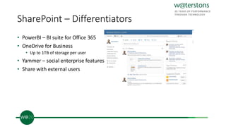 SharePoint – Differentiators
• PowerBI – BI suite for Office 365
• OneDrive for Business
• Up to 1TB of storage per user
• Yammer – social enterprise features
• Share with external users
 
