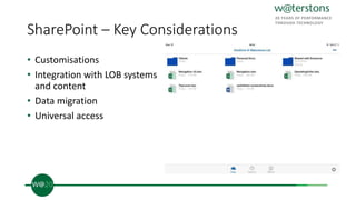 SharePoint – Key Considerations
• Customisations
• Integration with LOB systems
and content
• Data migration
• Universal access
 