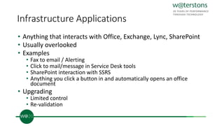 Infrastructure Applications
• Anything that interacts with Office, Exchange, Lync, SharePoint
• Usually overlooked
• Examples
• Fax to email / Alerting
• Click to mail/message in Service Desk tools
• SharePoint interaction with SSRS
• Anything you click a button in and automatically opens an office
document
• Upgrading
• Limited control
• Re-validation
 