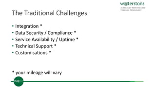 The Traditional Challenges
• Integration *
• Data Security / Compliance *
• Service Availability / Uptime *
• Technical Support *
• Customisations *
* your mileage will vary
 