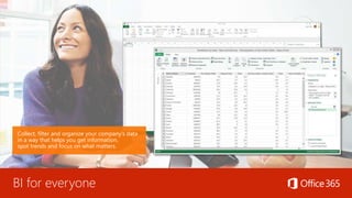 BI for everyone
Collect, filter and organize your company’s data
in a way that helps you get information,
spot trends and focus on what matters.
 
