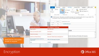 Encryption
Send secure, encrypted
emails to anyone.
Security Risk Scenarios Risk Mitigation Technology
Rogue Admin RMS, BitLocker
Data Loss Prevention (DLP) DLP Policies
Stolen/Lost Laptop BitLocker
Stolen/Lost Mobile Device BitLocker, Mobile Device Management
Send encrypted email outside the
organization
Office 365 Message Encryption
B2B S/MIME
 