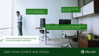 Gain more control and choice.
Feel confident you’re making the most
of your technology investments.
Automatic updates to keep
current across all applications
Add or change employees
with one click
Single license allows individuals to work from preferred devices:
up to five desktops, five mobile devices, and five tablets
 