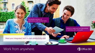 Work from anywhere.
Meet your integrated, best-in-class productivity tool.
Worldwide standard of
applications with familiar tools
Ability to create and edit documents
in real time with colleagues
 