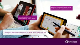 From your desktop to your phone or tablet, work where you are.
Consistent and optimized
experience across all your devices
Automatic re-syncing of edits to ensure
you have access to latest versions
 