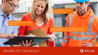 Benefits for Contractors
Manage timelines, resources,
logistics and budget
Facilitate collaboration and communication between
engineers, project managers and construction workers
Consult with other experts remotely,
as you need
 