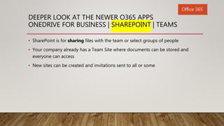 DEEPER LOOK AT THE NEWER O365 APPS
ONEDRIVE FOR BUSINESS | SHAREPOINT | TEAMS
• SharePoint is for sharing files with the t...