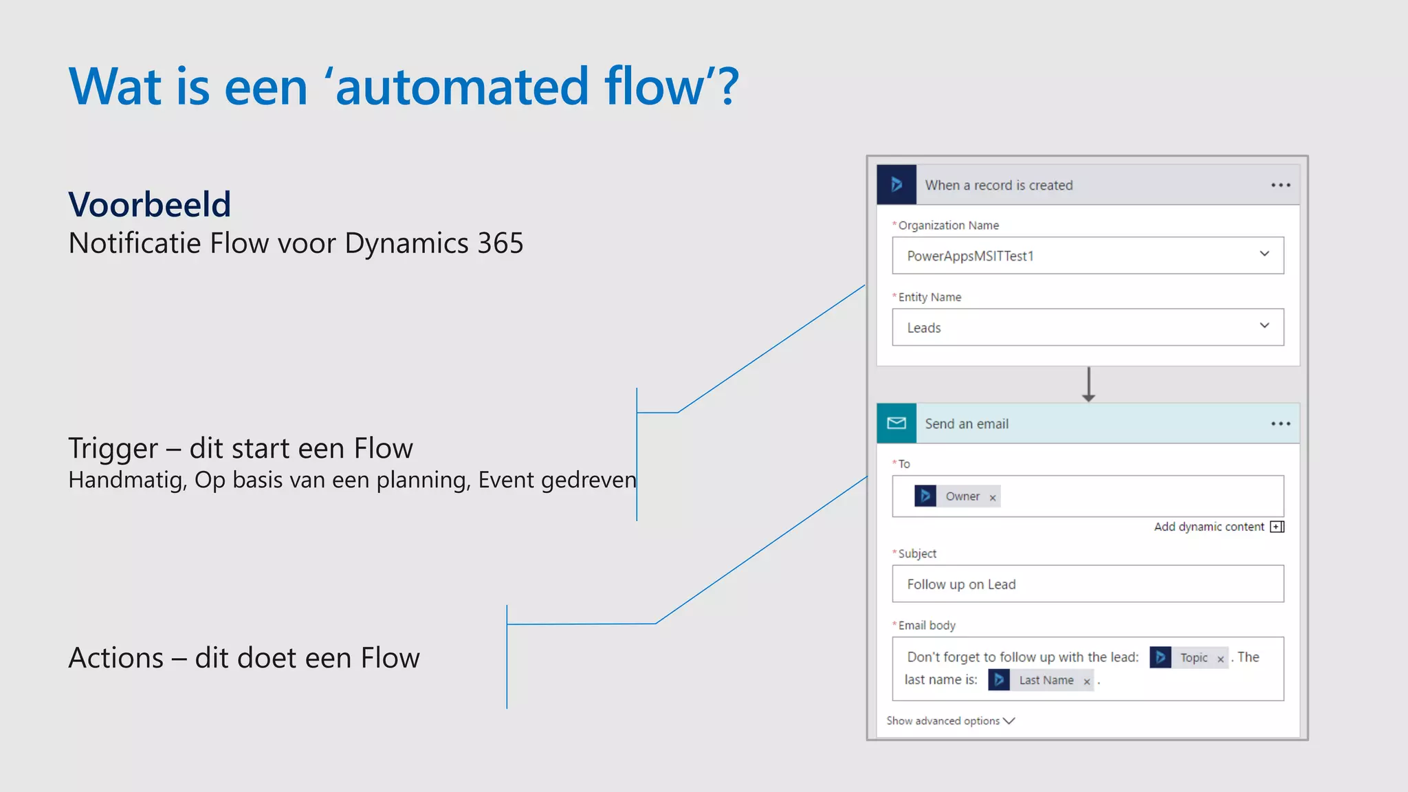 Wat is een ‘automated flow’?
Voorbeeld
Trigger – dit start een Flow
Handmatig, Op basis van een planning, Event gedreven
