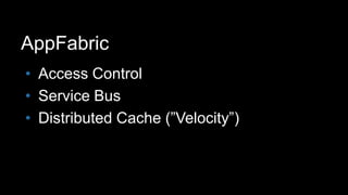 AppFabricAccess ControlService BusDistributed Cache (”Velocity”)