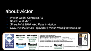 about:wictorWictor Wilén, Connecta ABSharePoint MVPSharePoint 2010 Web Parts in Actionwww.wictorwilen.se | @wictor | wictor.wilen@connecta.se