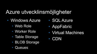 Azure utvecklinsmöjligheterWindows AzureWeb RoleWorker RoleTable StorageBLOB StorageQueuesSQL AzureAppFabricVirtual MachinesCDN