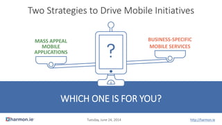 Two Strategies to Drive Mobile Initiatives
WHICH ONE IS FOR YOU?
MASS APPEAL
MOBILE
APPLICATIONS
BUSINESS-SPECIFIC
MOBILE SERVICES
http://harmon.ieTuesday, June 24, 2014
 