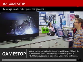#2 GAMESTOP
Le magasin du futur pour les gamers
www.HUBinsttute.com 12
GAMESTOP
Acteur majeur de la distributon du jeux vidéo avec 9Mards de
$ de revenues (dont 10% via le digital), 6600 magasins et
40.000 employés dans 15 pays (dont Micromania en France).
 