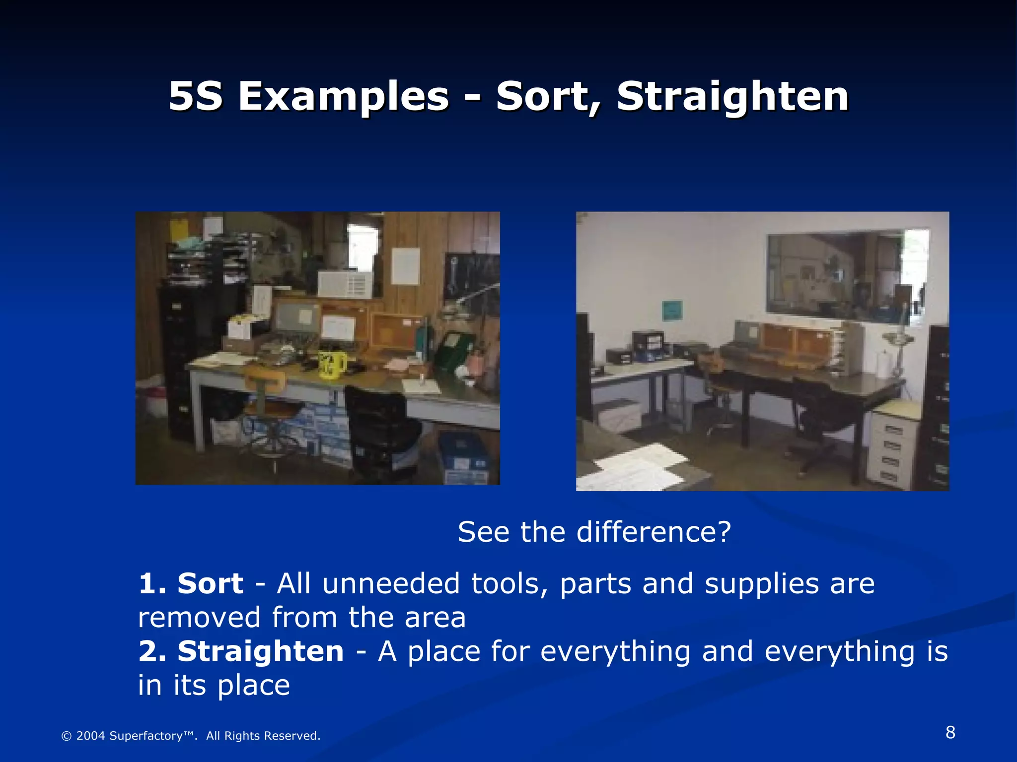 5S Examples - Sort, Straighten © 2004 Superfactory™.  All Rights Reserved. See the difference? 1. Sort  - All unneeded tools, parts and supplies are removed from the area 2. Straighten  - A place for everything and everything is in its place  