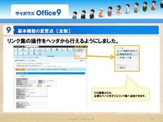 基本機能の変更点　【全般】

リンク集の操作をヘッダから行えるようにしました。




                                     どの画面からも、
                                     必要なページをすぐにリンク集へ追加できます。




              Copyright  ©  Cybozu,Inc.                       15
 