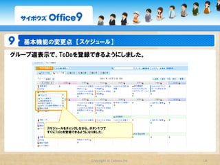 基本機能の変更点　【スケジュール】

予定の種類別に色を付けられるようにしました。




   ひと目で予定を把握しやすくなりました。




          システム設定でかんたんに色
          の設定ができます。




                     Copyright  ©  Cybozu,Inc.   18
 