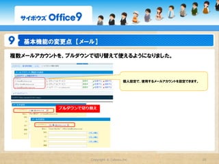 基本機能の変更点　【掲示板・メッセージ･報告書・プロジェクト・カスタムアプリ】

掲示板、メッセージ、報告書、プロジェクト掲示、カスタムアプリのコメントに「いいね！」や「確認しました」な
どのリアクション機能が付きました。
                         トピックごとにリアクション機能の有無だけで
                         はなく、表現も変えられます。




                                                最新情報で付いたリアクションを確認するこ
                                                とができます。




                    Copyright  ©  Cybozu,Inc.                          20
 