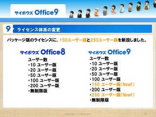 ライセンス体系の変更

 従来オプション製品として提供していた
 「ワークフロー」「報告書」「プロジェクト」機能をサービスライセンスに統合いたしました。




※ワークフロー、プロジェクト、報告書は「サイボウズ  Office  9  サービスライセンス」をご購入いただいているお客様、およびクラウド版をご利用中に提供するサービスです。


                                       Copyright  ©  Cybozu,Inc.                           25
 