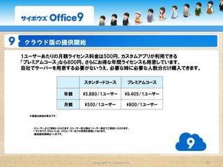 Office  9  パッケージ版  バージョンアップライセンス

Office  9  パッケージ版  バージョンアップライセンス　価格表
                    バージョンアップライセンス
             　                                     バージョンアップライセンス
                       （猶予期間内）

          10ユーザー版       24,800                        ¥59,800

          20ユーザー版        ¥39,800                       ¥88,000

          50ユーザー版        ¥59,800                      ¥158,000

         100ユーザー版        ¥99,800                      ¥298,000

         150ユーザー版       ¥149,800                      ¥428,000

         200ユーザー版       ¥198,000                      ¥558,000

         250ユーザー版       ¥246,000                      ¥680,000

           無制限版         ¥380,000                      ¥1,108,000




                       Copyright  ©  Cybozu,Inc.                   30
 