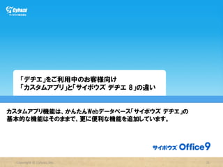 クラウド版の提供開始

1ユーザーあたりの月額ライセンス料金は500円、カスタムアプリが利用できる
「プレミアムコース」なら800円。さらにお得な年間ライセンスも用意しています。
自社でサーバーを用意する必要がないうえ、必要な時に必要な人数分だけ購入できます。

             　           スタンダードコース                  プレミアムコース

                 年額      ¥5,880/1ユーザー             ¥9,405/1ユーザー

                 月額       ¥500/1ユーザー               ¥800/1ユーザー

 ※価格は税抜き表示です。　



  ・5ユーザーよりご契約いただけます。6ユーザー目以降は1ユーザー単位でご契約いただけます。
  ・「サイボウズ  Office  9」は、300ユーザーまでの利用を推奨しております。
  ・最低契約期間は1ヶ月です。




                             Copyright  ©  Cybozu,Inc.           31
 
